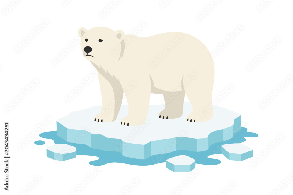 Fototapeta premium Poignant flat vector illustration of a polar bear standing alone on a tiny melting ice floe in the arctic ocean, highlighting climate change and global warming concerns in a modern aesthetic.