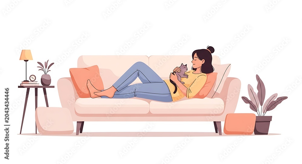 Obraz premium Woman relaxing on sofa with cat.