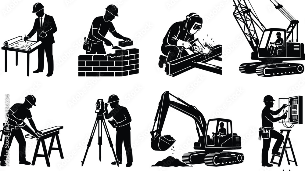 Fotografie Construction worker silhouette set featuring architect bricklayer welder crane o