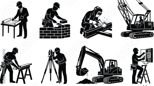 Tableau sur toile Construction worker silhouette set featuring architect bricklayer welder crane o