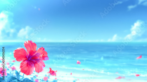 美しいエメラルドグリーンの海と晴天の青空を背景に、浜辺に咲き誇る鮮やかなピンクのハイビスカスを描いた、トロピカルで爽やかな南国の夏の風景のアニメスタイルイラスト