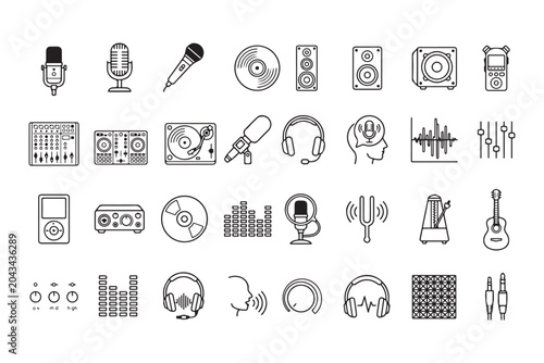 32 Audio and Music Line Art Icons Set – Sound Equipment, Headphones, Microphones, Speakers and DJ Gear Symbols for Apps, Streaming, Media and Entertainment Design