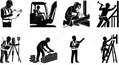 Photos Construction worker silhouette set featuring engineer architect excavator operat