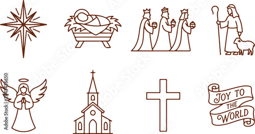 Fotografija Christmas nativity scene line art icons with religious symbols and festive holiday elements