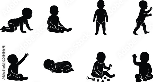 Photos Cute baby silhouette vector set featuring infant crawling sitting standing walki