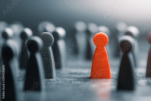 Standing Out from the Crowd: An orange pawn figure stands boldly amidst a sea of dark, uncolored figures, symbolizing individuality and leadership in a conceptual representation of differentiation.
