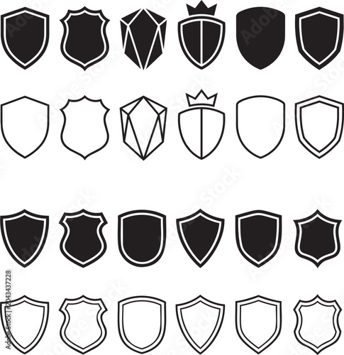 A collection of stylized black and white shield icons with crowns, geometric patterns, and outlines, perfect for logos, emblems, and heraldic designs