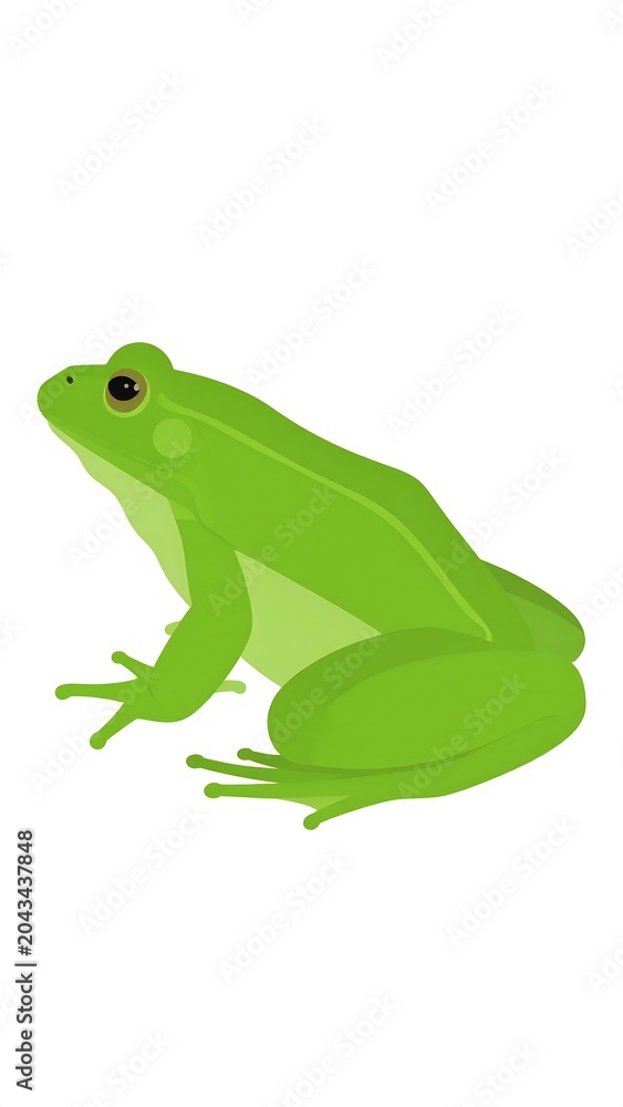 Fototapeta premium A cartoon-style green frog with a light green belly and darker green back sits on its haunches, looking left