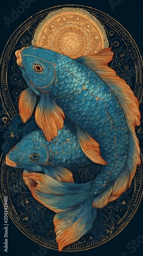 This astrological-style illustration of fish provides a mystical backdrop for horoscopes and esoteric publications about the zodiac sign of Pisces.