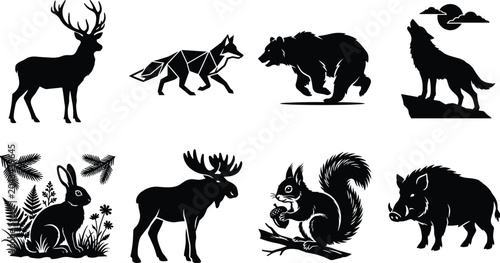 Photography Set of forest wild animal silhouettes including deer geometric fox bear howling