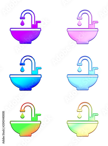 Glossy Gradient Sink and Faucet Icons Representing Hygiene, Plumbing, and Water Conservation