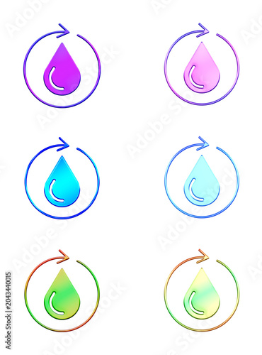 Glossy Water Droplet Icons Enclosed in Circular Gradient Arrows Representing Ecology and Sustainable Recycling