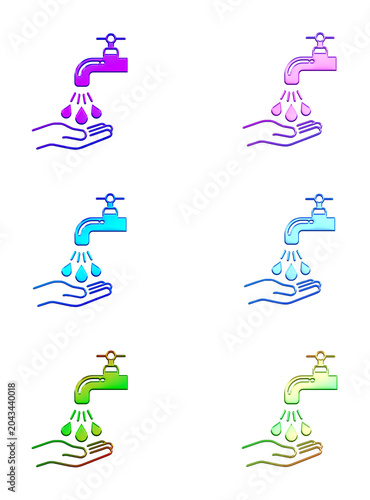 Glossy Gradient Hand Washing Icons Under Faucet for Hygiene, Sanitation, and Cleanliness Concepts