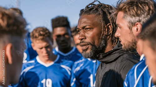 The coach gives instructions to the football team, providing a motivational backdrop for sports articles on leadership and teamwork.
