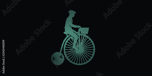 Foto Vintage Penny Farthing Bicycle Rider Silhouette with Teal Digital Halftone Grid