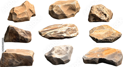 generate several pieces of rough stone, arranged in different shapes and sizes, on a transparent background