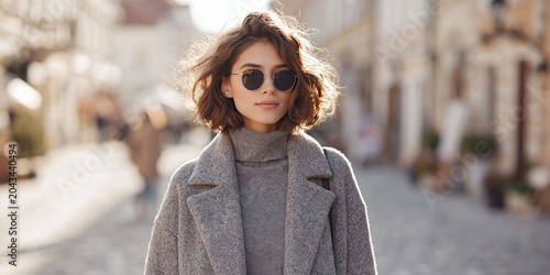 fashionable woman influencer walking down European city street,