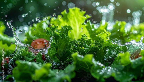 Macro view of fresh water splashing on lettuce and tomato slices