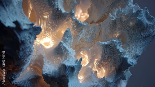 Abstract sculptural light fixture, textured white, glowing interior