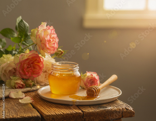 Fresh roses and honey jar placed on wooden table with soft morning light