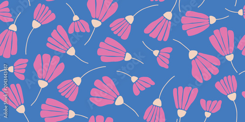 Seamless Pattern with Pink Flowers on Blue Background
