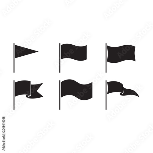 Set of 6 Black Flag Silhouettes on Poles — Various Waving and Pennant Flag Shapes, Event Marker and Sports Concept Vector Collection

