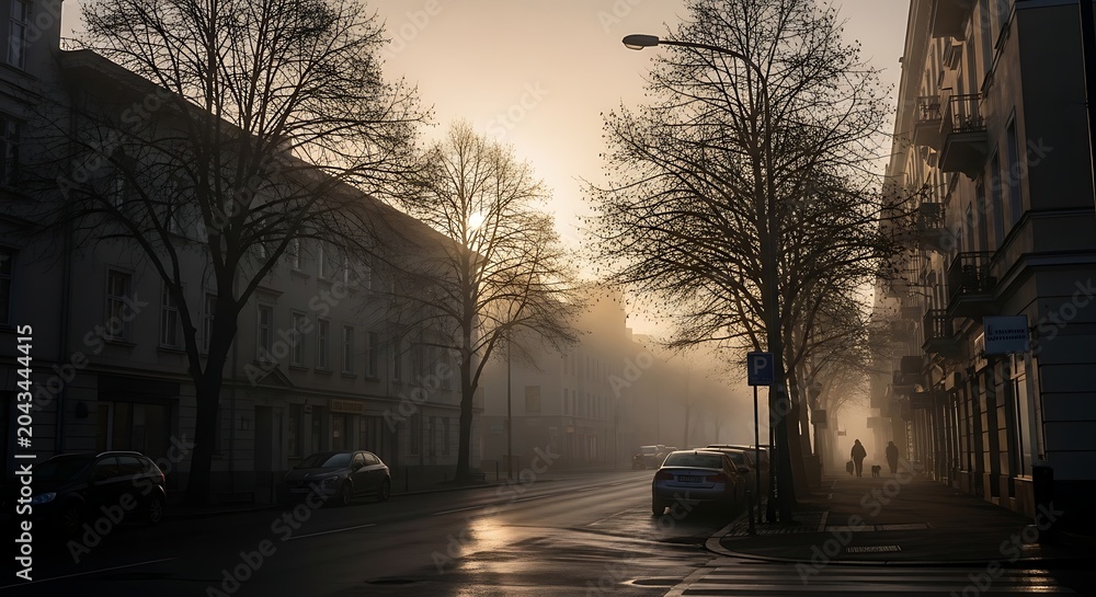 Fototapeta premium Atmospheric sunrise in a quiet misty city street with bare trees.
