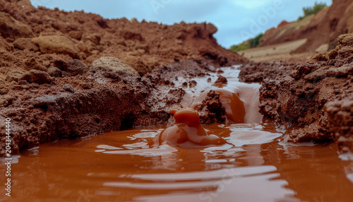 Terracotta clay soil splash with thick muddy droplets and deep red tone frozen mid air