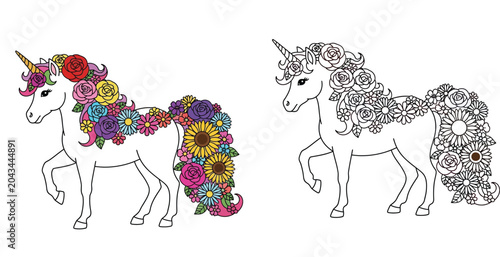 Obraz na plátne Magical Floral Unicorn Illustration and Coloring Book Page for Kids featuring Ro