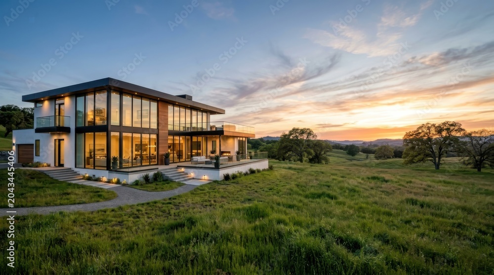 Obraz premium Modern luxury house with large windows set on a green hill overlooking a beautiful sunset landscape.