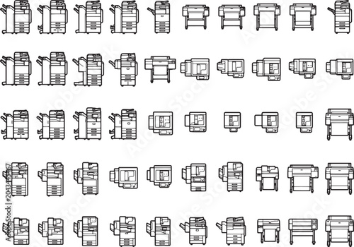A collection of various office equipment including photocopiers and printers rendered as simple, clean line art illustrations in a grid layout.