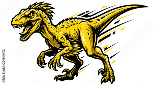 Fotografie Yellow Raptor Dinosaur Running Fast, Prehistoric Creature Illustration