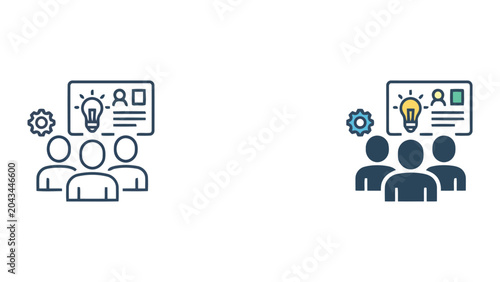 Creative brainstorming and project strategy icon set with lightbulb and team presentation board for corporate innovation and development illustration