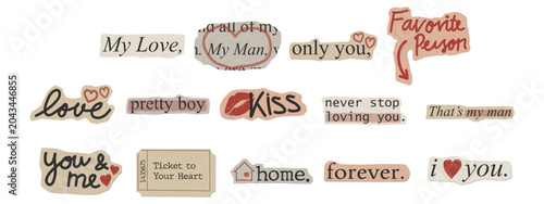 Set of Romantic Scrapbook Papercut Text. Vector Set