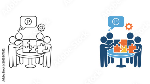 Business team puzzle assembly icon set with speech bubble and gear for corporate project planning and problem solving