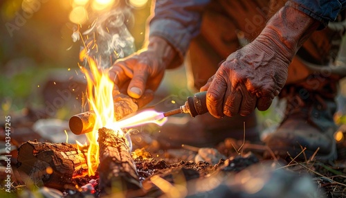 A close up shot of a person using a handheld blowtorch to ignite a wood campfire during a rustic outdoor adventure in the golden hour light.