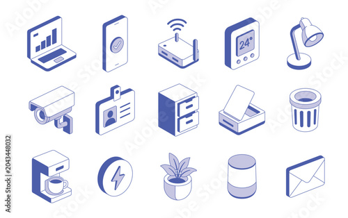 Smart office and home technology isometric icon set in blue