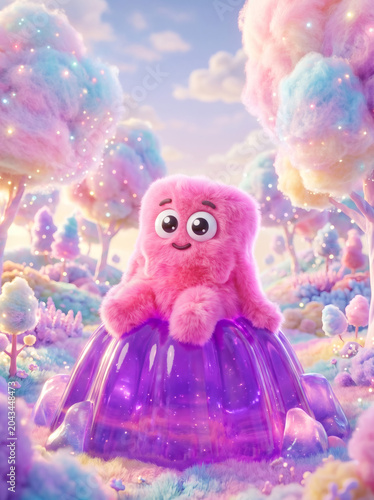 High-definition surreal 3D illustration of a cute pink furry monster with big expressive eyes, sitting on a translucent purple jelly mountain surrounded by a pastel candy cotton forest.