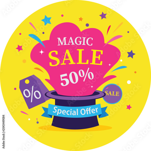 Foto Magic sale banner with 50% discount, special offer, flat vector illustration