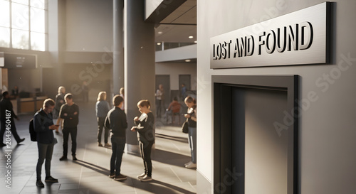 Lost and Found sign on the wall of a busy public terminal or airport hall with blurred crowd of people