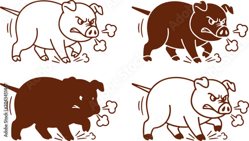 Quadro su tela Angry cartoon pig with steam from nose aggressive farm animal upset piglet illustration brown outline and solid fill