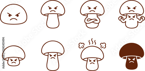 Billede på lærred Angry mushroom characters set with various expressions and poses grumpy fungi illustrations brown outline and solid fill