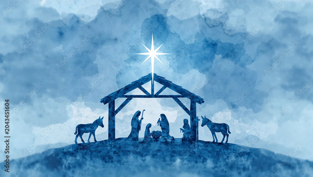 Naklejka premium Watercolor nativity scene with star and stable silhouette