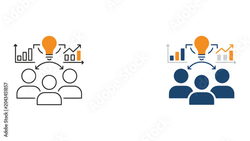 Business innovation and growth icon featuring team with lightbulb and rising charts representing creative problem solving and strategic market expansion for corporate success flat vector illustration