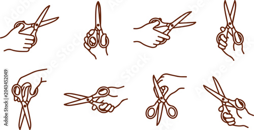 Foto Hands holding and using scissors for cutting hair or fabric in various poses set icons