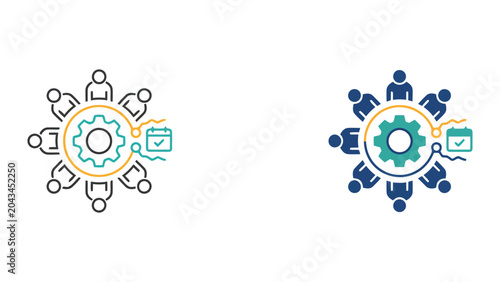 Foto Corporate team planning session icon with central gear symbol and calendar check
