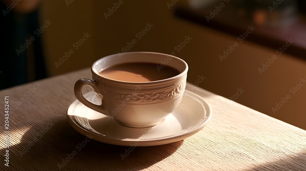 Fototapeta premium A close up view of a ceramic coffee cup bathed in soft morning light conveying a warm and energetic mood