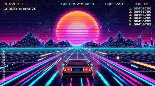 Retro synthwave sportscar driving fast towards a giant glowing sun