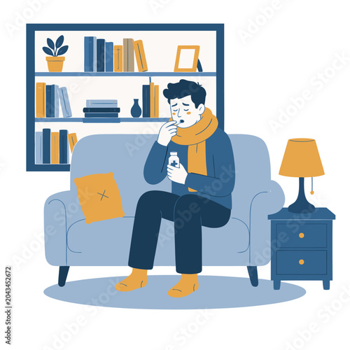 Ill man taking medicine while sitting on sofa at home