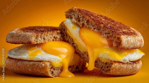 English muffin breakfast sandwiches with dripping runny egg yolks and golden toasted crusts captured in a close-up shot against a warm yellow studio background